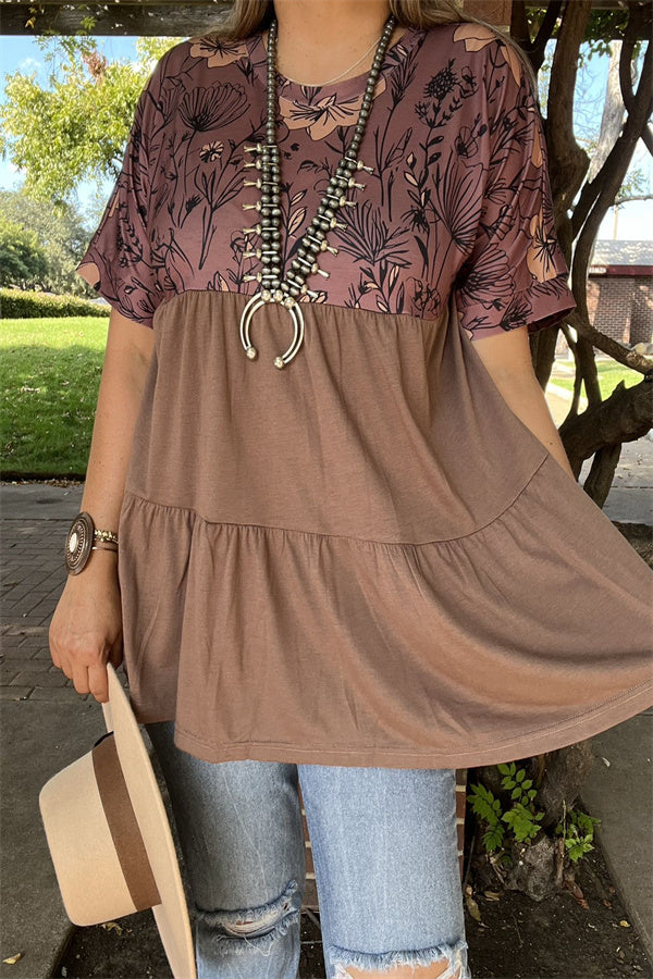 Brown floral printed & tan baby doll women blouse GJQ15652 (CS4)