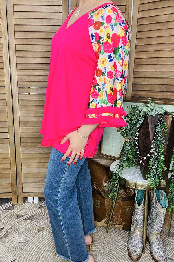 Women top wholesale Fuchsia & floral 3/4 raglan sleeves w/tassels GJQ15231 (CS4)