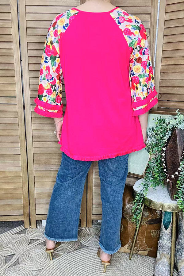 Women top wholesale Fuchsia & floral 3/4 raglan sleeves w/tassels GJQ15231 (CS4)
