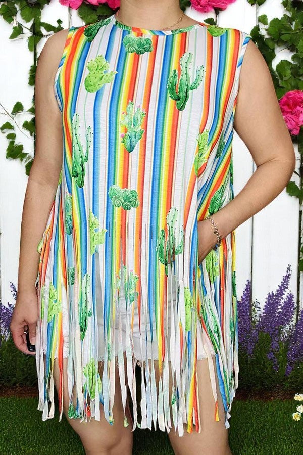 Plus size clothing wholesale Striped & cactus printed tank top w/fringe tassels GJQ9702 (CS4)