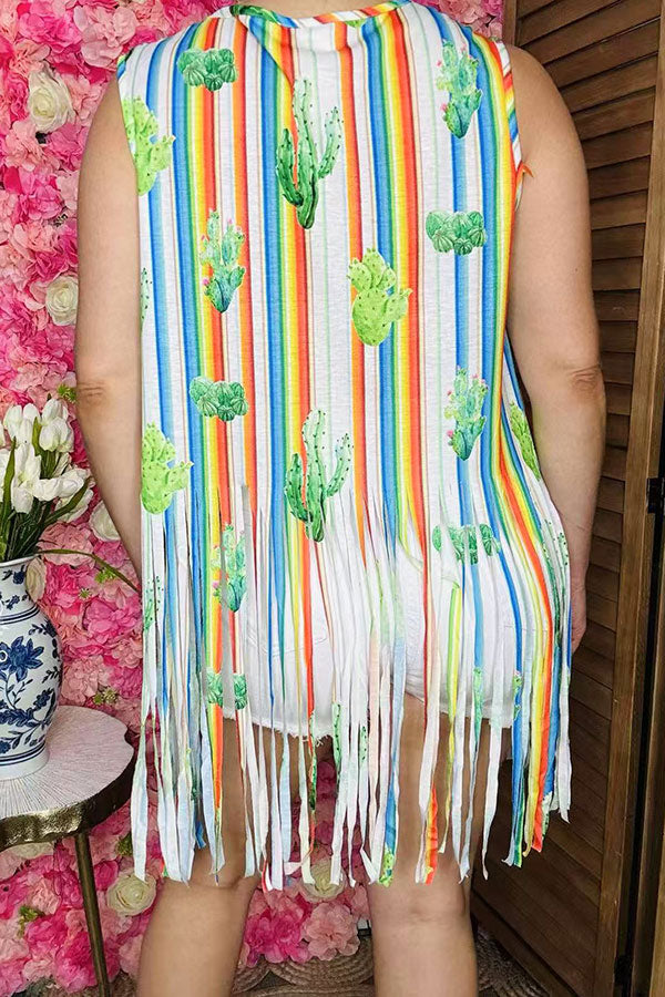 Plus size clothing wholesale Striped & cactus printed tank top w/fringe tassels GJQ9702 (CS4)