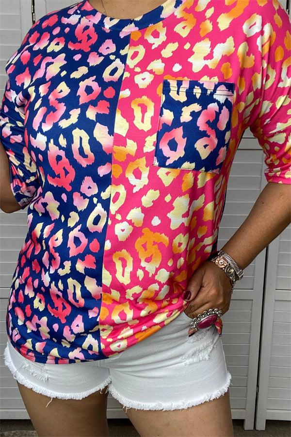 Half leopard printed patterns short sleeve top w/pocket women tops YMY13878 CS10