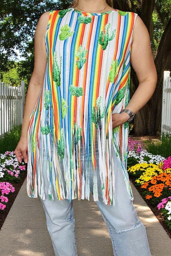 Plus size clothing wholesale Striped & cactus printed tank top w/fringe tassels GJQ9702 (CS4)