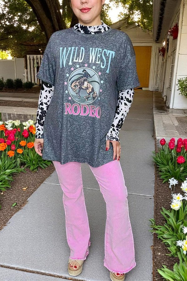 Plus size T-shirt wholesale "WILD WEST RODEO"Western gray women tops XCH14272 (CS10)