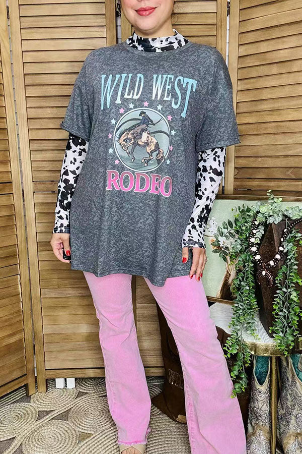 Plus size T-shirt wholesale "WILD WEST RODEO"Western gray women tops XCH14272 (CS10)