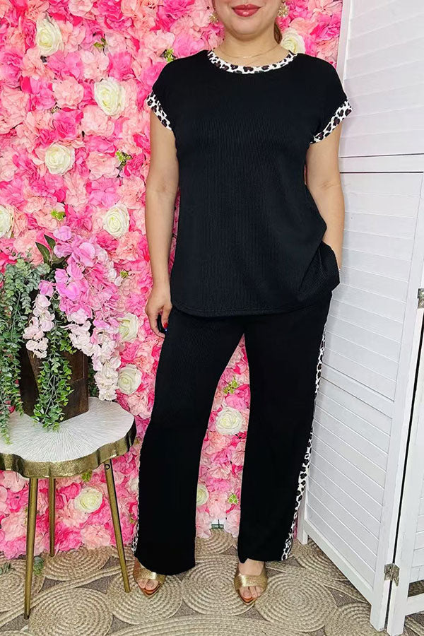 Clearance - Shop Black ribbed knitted fabric & leopard prints 2pc women sets XCH16118-1 (CS5F)