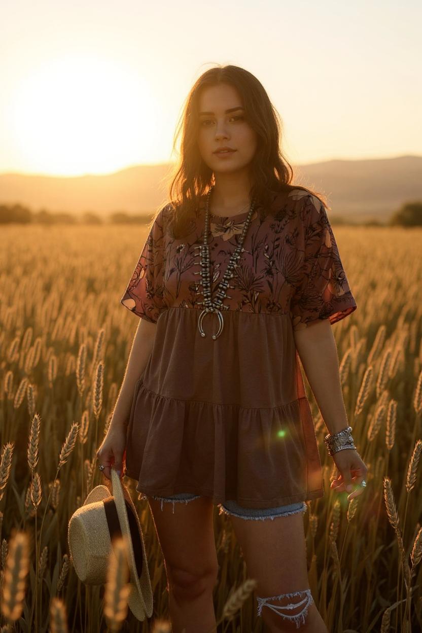 Brown floral printed & tan baby doll women blouse GJQ15652 (CS4)