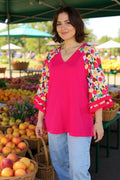 Women top wholesale Fuchsia & floral 3/4 raglan sleeves w/tassels GJQ15231 (CS4)