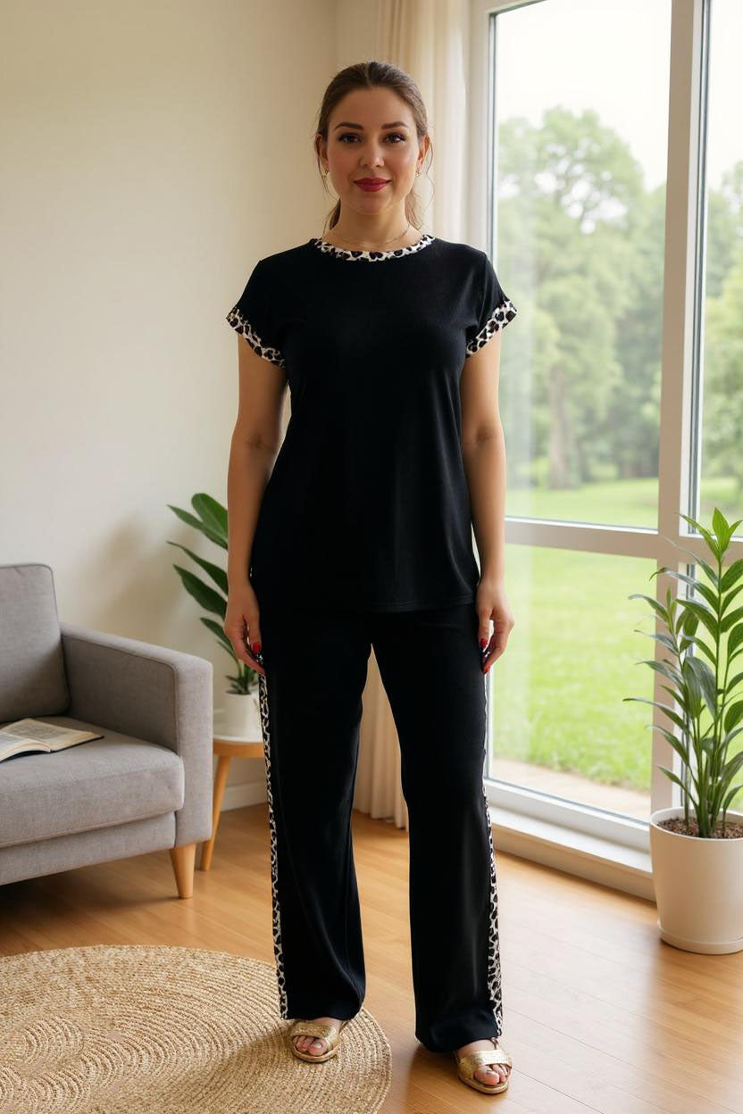 Clearance - Shop Black ribbed knitted fabric & leopard prints 2pc women sets XCH16118-1 (CS5F)