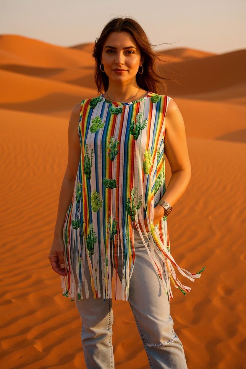 Plus size clothing wholesale Striped & cactus printed tank top w/fringe tassels GJQ9702 (CS4)