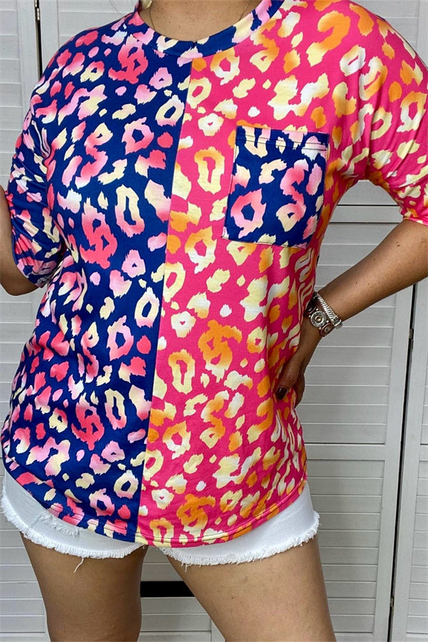 Half leopard printed patterns short sleeve top w/pocket women tops YMY13878 CS10